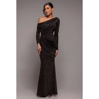 Goddiva Off The Shoulder Gathered Panel Sparkle Lurex Maxi Dress - Black Gold