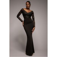 Goddiva Scalloped Lace Bodice Long Sleeve Bardot Maxi Dress - Black
