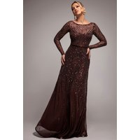 Goddiva Ombre Sequin Beaded Flared Long Sleeve Maxi Dress - Brown
