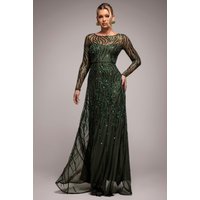 Ombre Sequin Beaded Flared Long Sleeve Maxi Dress Olive Green