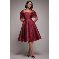 Lace Up Jacquard Midi Dress Organza Wings Burgundy Red