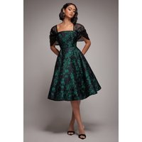 Lace Up Jacquard Midi Dress Organza Wings Emerald