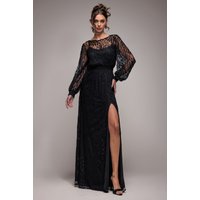 Goddiva Lace Long Sleeve Shirred Waist Maxi Dress - Black