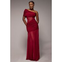 Goddiva Gathered One Shoulder Sheer Panel Maxi Dress - Wine