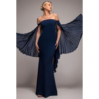 Strapless Maxi Dress Pleated Chiffon Cape Navy Blue