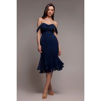 Chiffon Cowl Off Shoulder Wing Tiered Midi Dress Navy Blue
