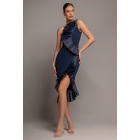 One Shoulder Pleated Fan Midi Dress Navy Blue