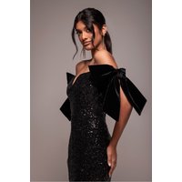 Sequin Off Shoulder Velvet Bow Midi Dress