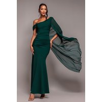 Goddiva One Shoulder Cape Scuba & Chiffon Maxi Dress - Emerald Green
