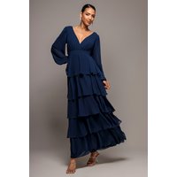Goddiva Tiered Chiffon Wrap Maxi Dress - Navy Blue