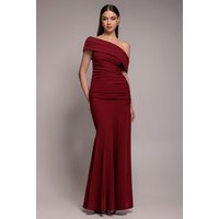 Goddiva Pleated One Shoulder Bardot Fit And Flare Maxi Dress - Burgundy