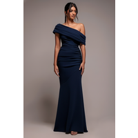 Pleated One Shoulder Bardot Fit Flare Maxi Dress Navy Blue