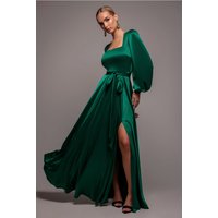 Satin Square Neck Bishop Sleeve Line Maxi Dress Emerald Green