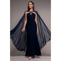 Goddiva Multiway Cape Chiffon With Embellished Trim Maxi Dress - Navy Blue