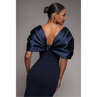 Off Shoulder Back Satin Bow Wrap Crepe Midi Dress Navy Blue