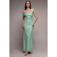 Goddiva One Shoulder Pleated Bardot Lace Maxi Dress - Mint Green