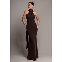Goddiva Scuba & Velvet Satin Cape Sleeve Halterneck Maxi Dress - Brown