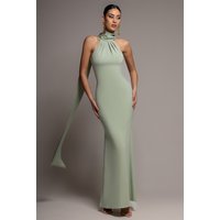Goddiva Scuba & Velvet Satin Cape Sleeve Halterneck Maxi Dress - Sage Green