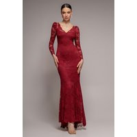 Goddiva Fit & Flare Scallop Lace V Neck Maxi Dress - Burgundy