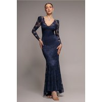 Goddiva Fit & Flare Scallop Lace V Neck Maxi Dress - Navy Blue