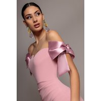 Goddiva Satin Bow Bardot Sheath Maxi Dress - Blush Pink