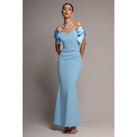 Satin Bow Bardot Sheath Maxi Dress Ice