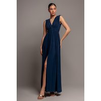 Gathered Shoulder Wrap Neck Draped Waist Maxi Dress Navy Blue