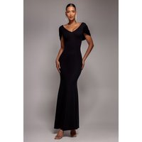 Goddiva V Neck Cowl Back Pleated Sleeve Scuba Maxi Dress - Black