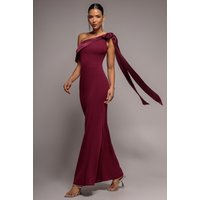 Goddiva One Shoulder Soft Satin Bow Cape Maxi Dress - Burgundy