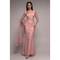 One Shoulder Cape Sleeve Pleated Lace Maxi Dress Blush Pink