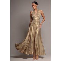 Halterneck Empire Waist Gathered Sunrise Foil Maxi Dress