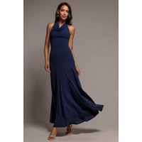 Goddiva Halterneck Cowl Neck Backless Scuba Crepe Maxi Dress - Navy Blue