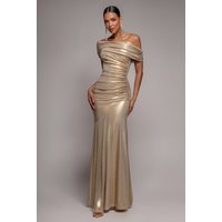 Goddiva Foil Pleated One Shoulder Bardot Fit And Flare Maxi Dress - Gold