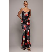 Goddiva Floral Print Satin Cowl Neck Maxi Dress - Black