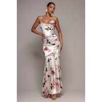 Goddiva Floral Print Satin Cowl Neck Maxi Dress - Cream