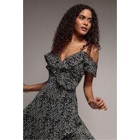 Goddiva Spaghetti Strap Polka Dot Wrap Midi Dress - Black White