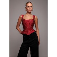 Goddiva Sleeveless Jacquard Lace Up Back Corset - Red