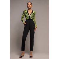 Goddiva Deep V Neck Sequin Embroidered Jumpsuit - Lime