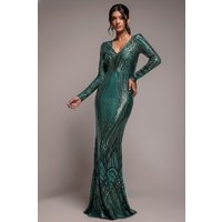 Two Toned V Neck Sequin Maxi Emerald Green