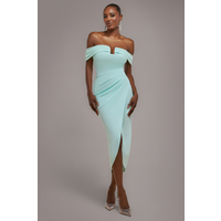 Off Shoulder Chiffon Wing Scuba Crepe Midi Dress Mint Green