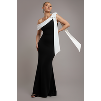 Goddiva One Shoulder Contrast Bow Maxi Dress - Black Cream