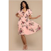 Goddiva Sustainable Floral Print Midi Wrap Dress With Flutter Sleeves - Peach