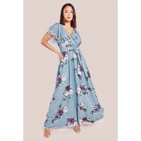 Goddiva Sustainable Printed Flutter Sleeve Maxi Dress - Airforce Blue