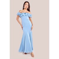 Frilled Off Shoulder Pleated Chiffon Maxi Dress Dusky