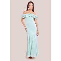 Goddiva Frilled Off The Shoulder Pleated Chiffon Maxi Dress - Sage Green