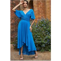 Goddiva Pleated Chiffon High Low Midi Dress - Atlantic Blue