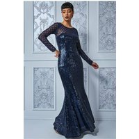 Goddiva Sheer Diamond Design Sequin Maxi Dress - Navy