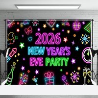 Aperturee 2026 New Year's Eve Party Backdrop, Colorful Neon Signs for Glow in the Dark, Retro 80s Disco NYE Decor, 3x2ft (WxH)