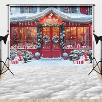 Aperturee Christmas Candy Shop Combo Set Backdrop, Holiday Storefront with Snow Floor, Winter Wonderland Photo Booth, 7 x 5 ft / 7 x 5 ft
