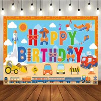 Aperturee Transportation Themed Happy Birthday Backdrop for Boy, Cartoon Cars Train and Rocket, Kids Vehicle Party Decor, 5x3ft (WxH)
